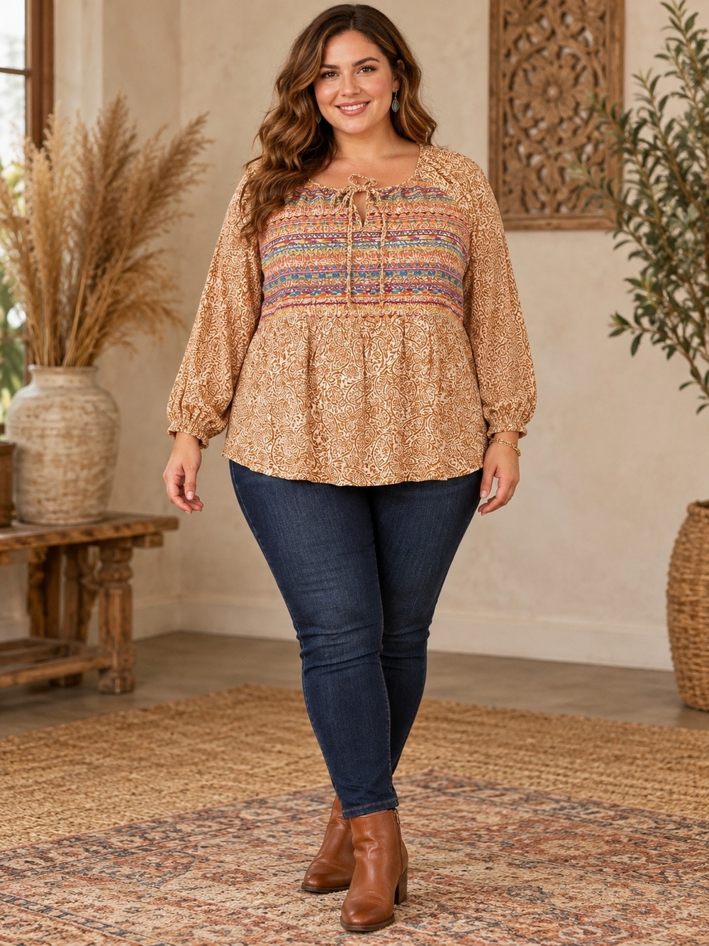 Savanna Jane Paisley Embroidered Boho Peasant Top | Size 2X